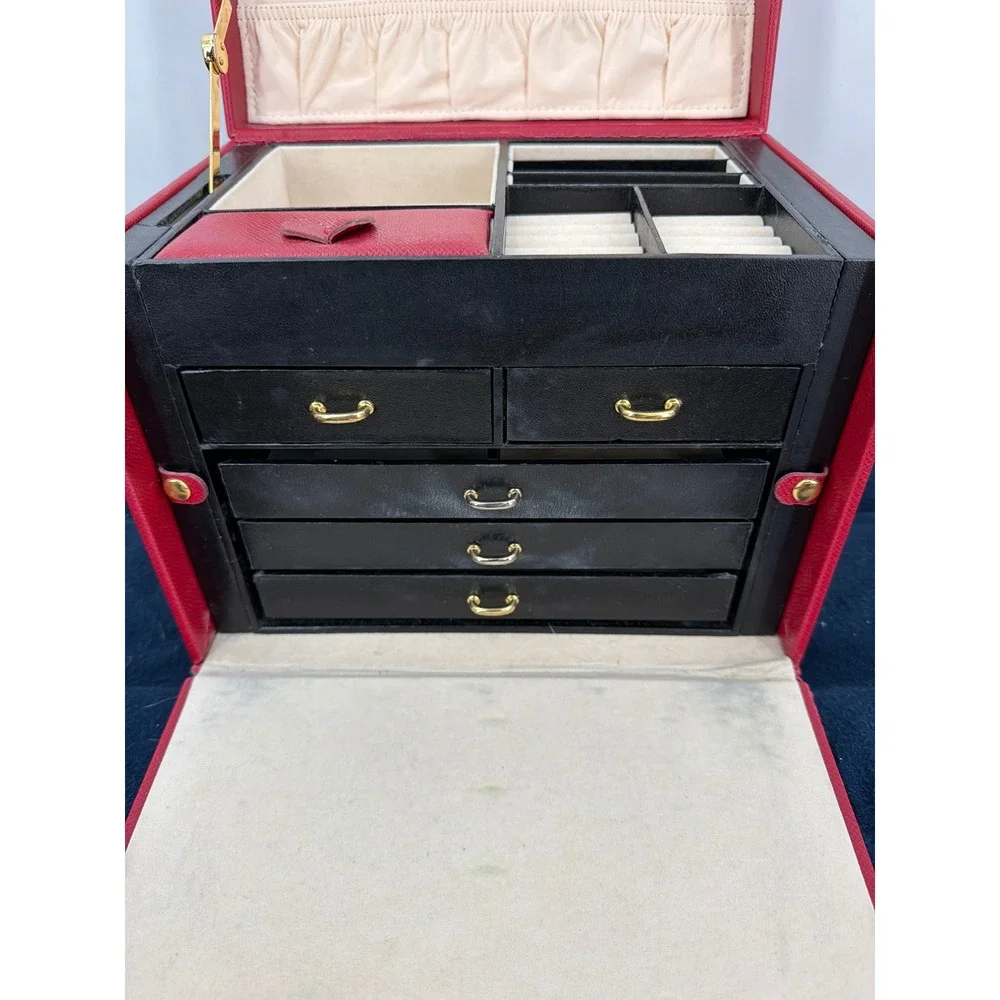 Vtg Large Red Leather Jewelry Box Organizer Multi Drawer Storage Chest Mirror